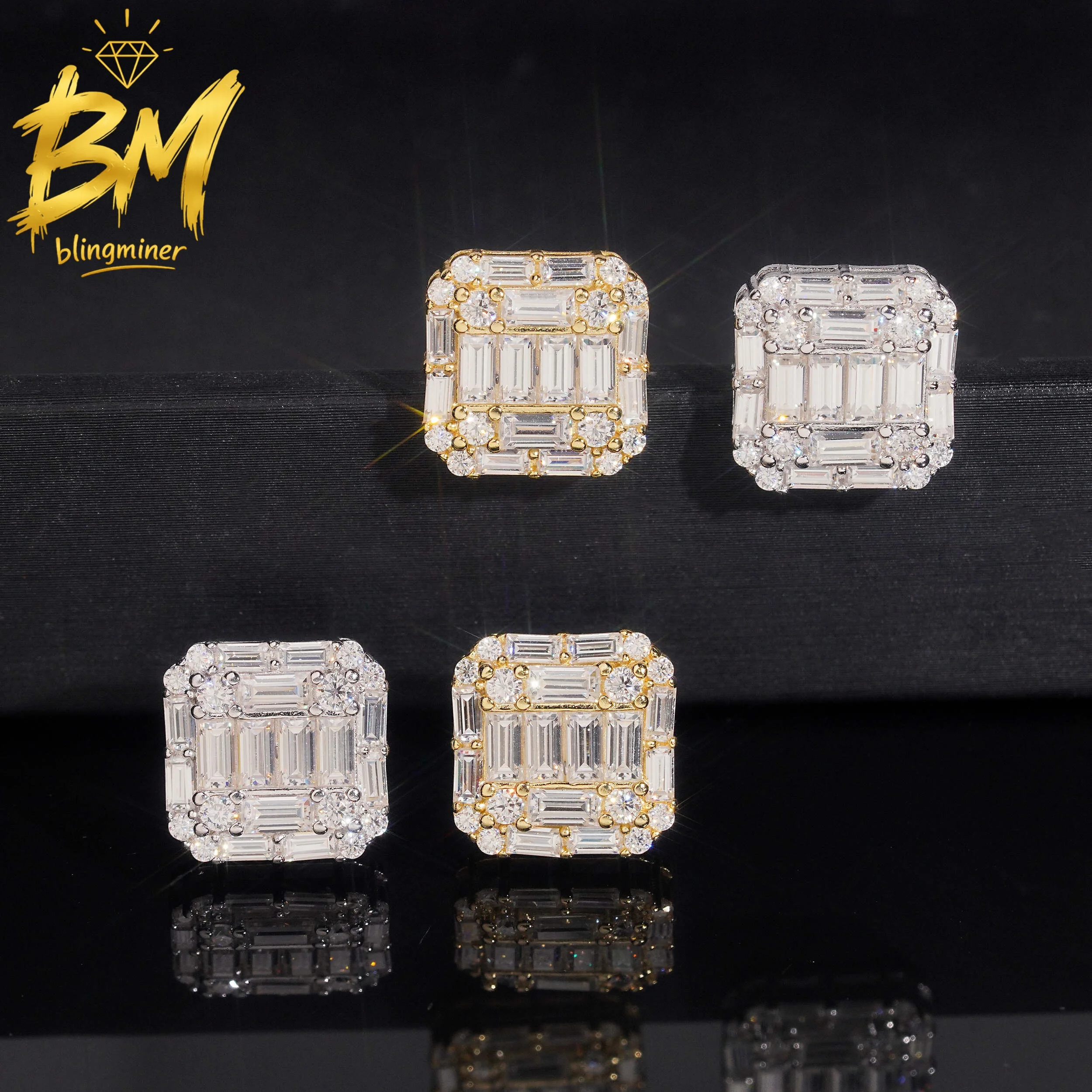 Blingminer 12mm Baguette VVS Moissanite Earrings For Men Women S925 Silver Ear Studs Jewelry Pass Diamonds Tester Free Shipping