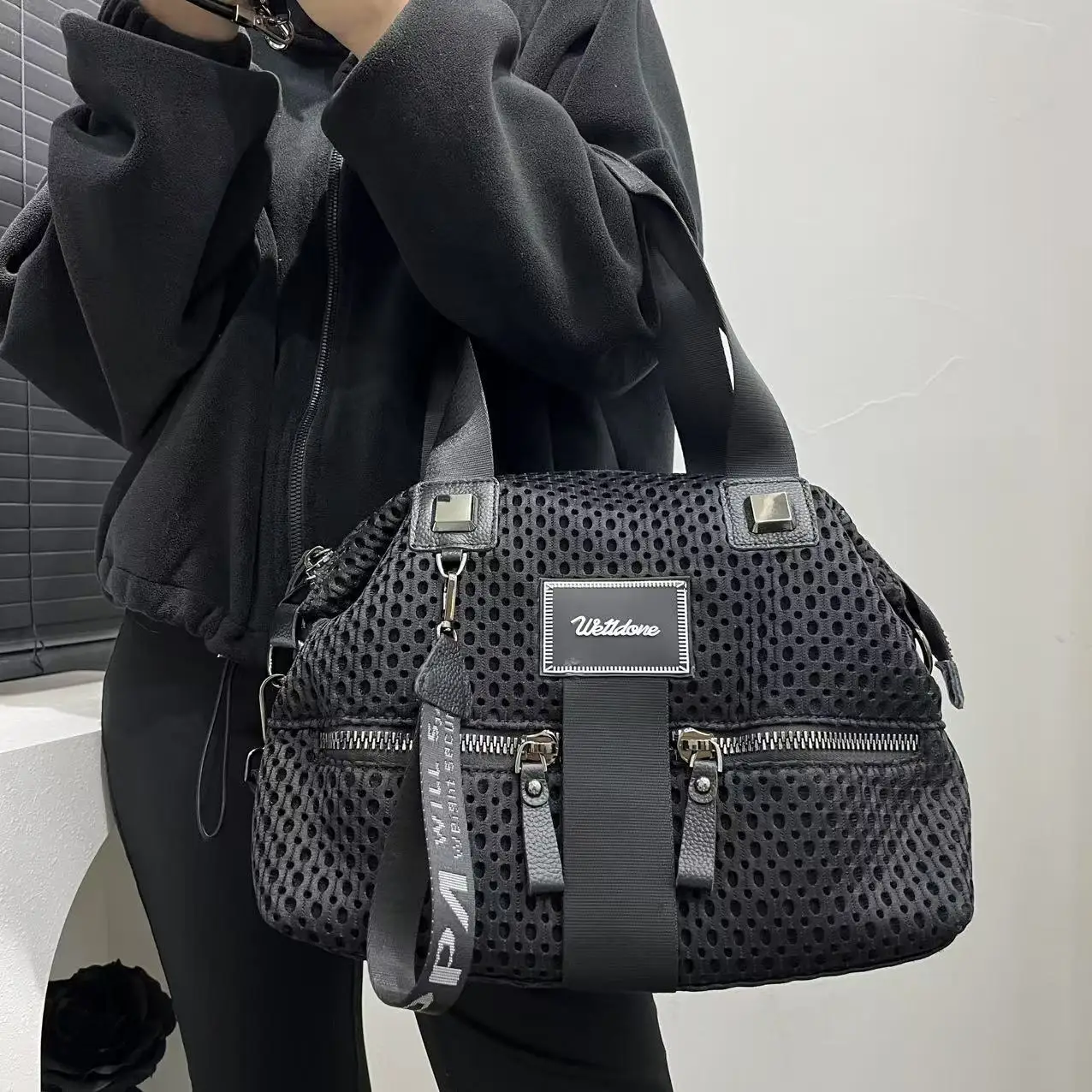 Ladies' Fashion Multi Pocket Tote Bag Mesh Splicing Nylon Hand Multi functional Single Shoulder Crossbody Bag