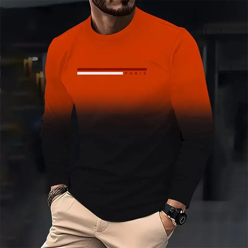 باريس الأصلي الرجال فضفاضة طويلة الأكمام تي شيرت مطبوع موضة crewneck تي شيرت غير رسمي الراحة اليومية الرجال الربيع والخريف