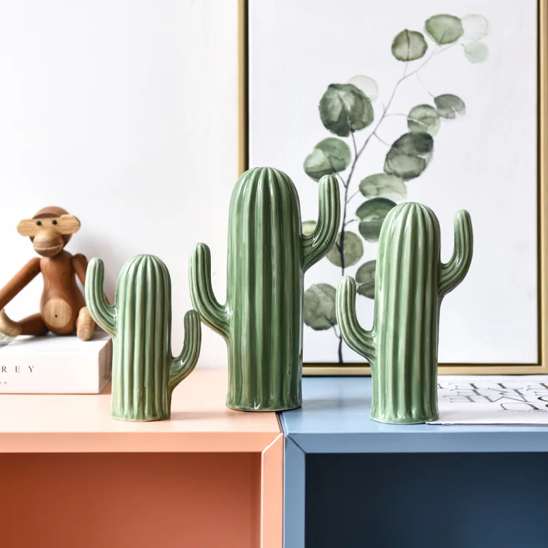 Adornos de Cactus de Cerámica de Estilo Nórdico, Figuras Decorativas de Plantas Verdes Simuladas para Sala de Estar, Decoración del Hogar