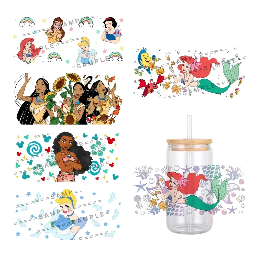 Disney Princess Cartoon Girl Pattern UV DTF Sticker Waterproof Decals For 16oz Glass Cup Wrap Stickers