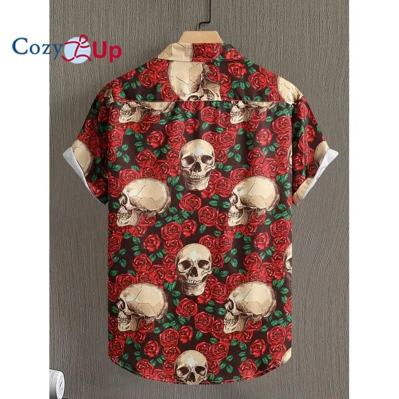 Men Short Sleeve Shirt Retro Summer Red Rose Skull Shirt for Men