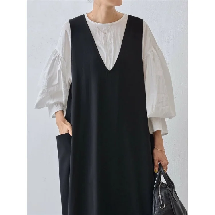 Losse Grote Maat Bla V-ne ketl Svel Dr Eenvoudige Koreaanse Sle Pendelen Polyestervezel Zomer Lange Dr
