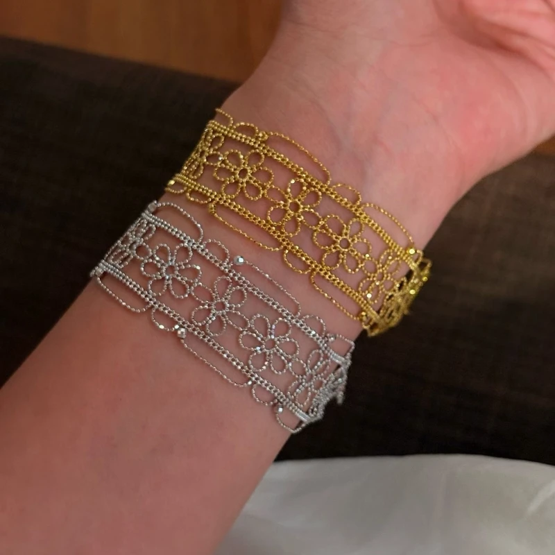 Cameo French Lace Bracelet Lightweight Fine Sparkle Elegant Laser Bead Small Flower Bracelet s925 Silver Gold Plated Jewelry
