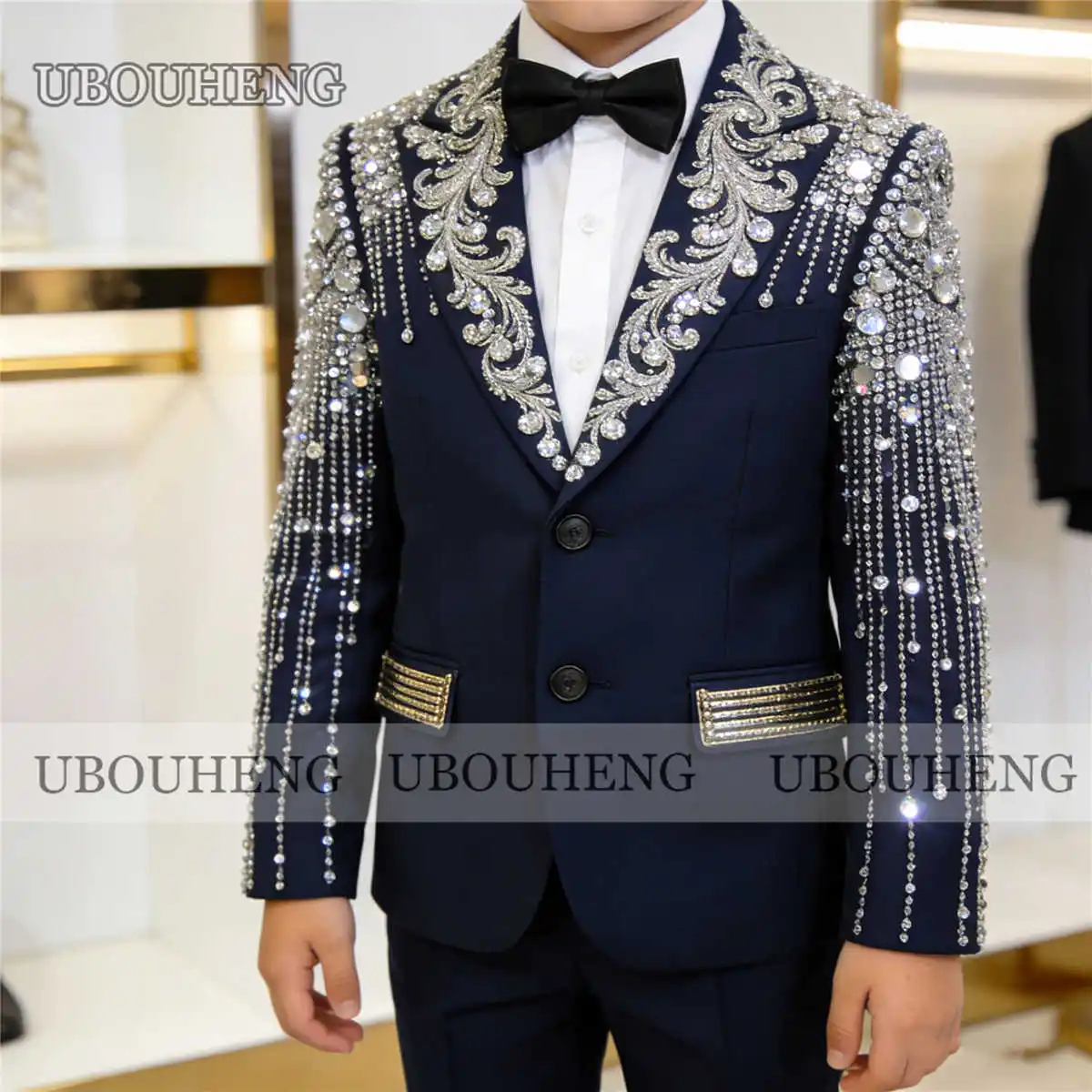 Glittering Beaded Crystals Boy Suits For Wedding Single Breasted Jacket Pants 2 Piece Sets Children Banquet Attire KIds Outfits