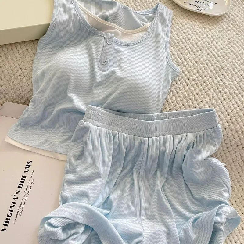 Neue Sommer-Loungewear für Damen, gepolstertes Tank-Top-Pyjama-Set für Mädchen und Damen, Rundhals-Shorts, Übergröße, weiche Spitze, lockere Freizeitkleidung für zu Hause