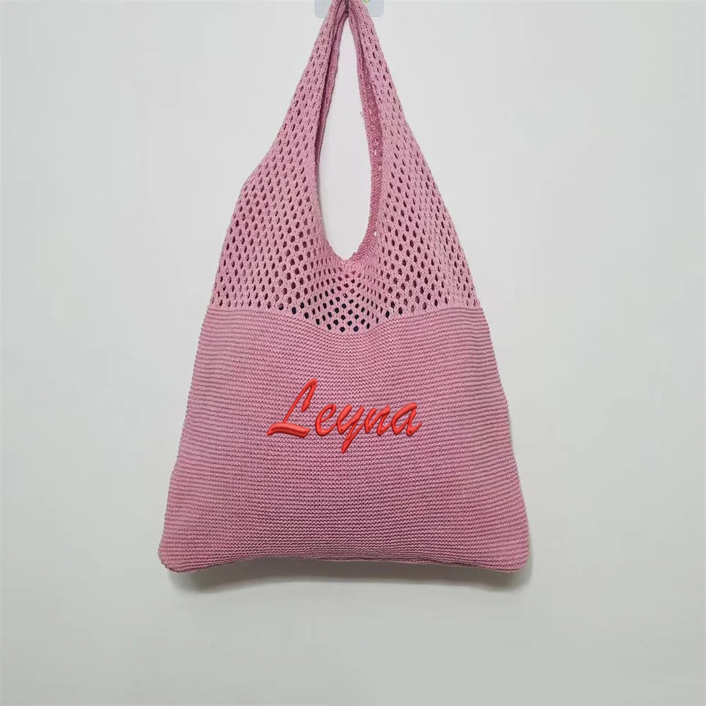 Bolso de mano Simple de punto con nombre personalizado para mujer, bolso de hombro ahuecado Retro personalizado, bolsos de compras de lana