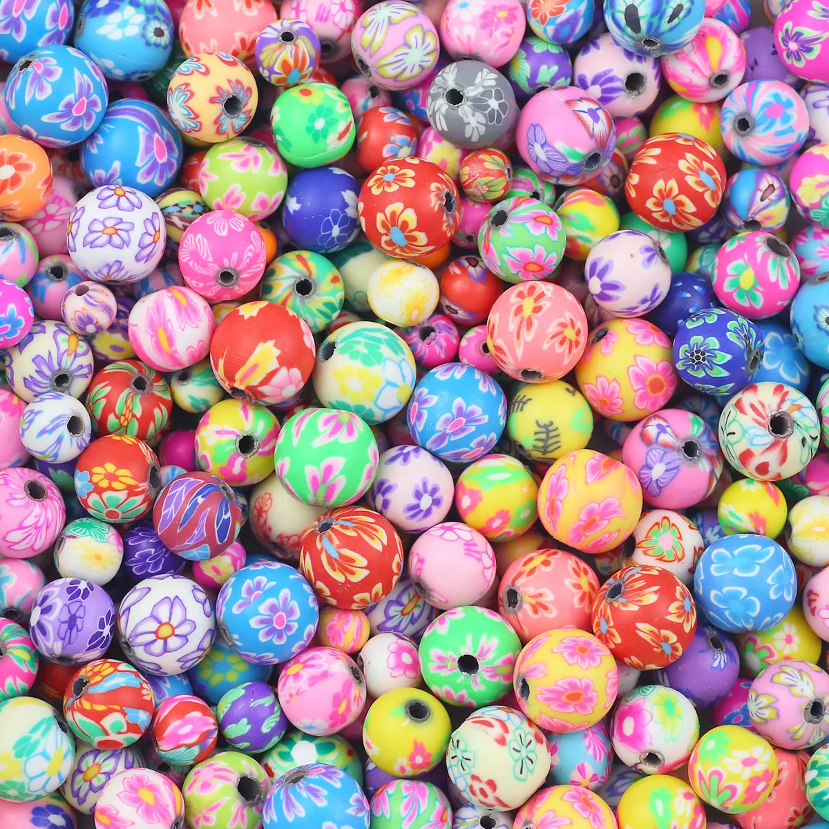 50pcs 6/8/10/12mm Colorful Soft Clay Flower Pattern Round Loose Beads For Jewelry Making DIY Bracelets Necklaces Craft Supplies