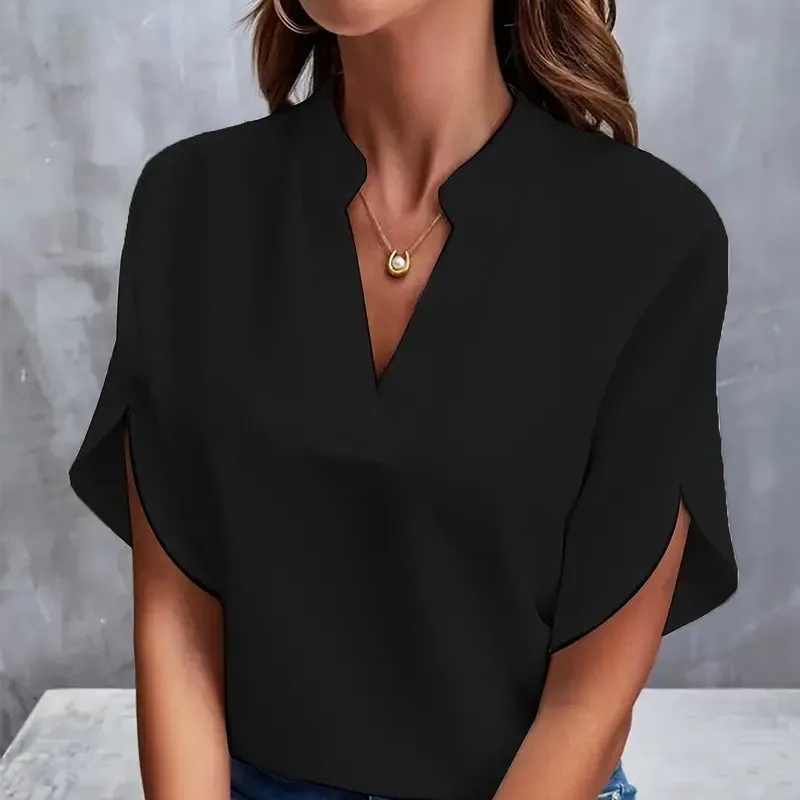 Women\'s temperament commuting 2024 summer new elegant casual solid color patchwork chiffon V-neck loose shirt top for women