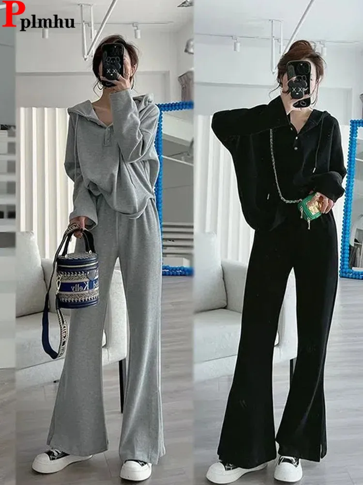 

Autumn Casual Hood Two Piece Set Baggy Women Long Sleeve Top Conjuntos Fall Spring Korean Wide Leg Pants Ensembles New