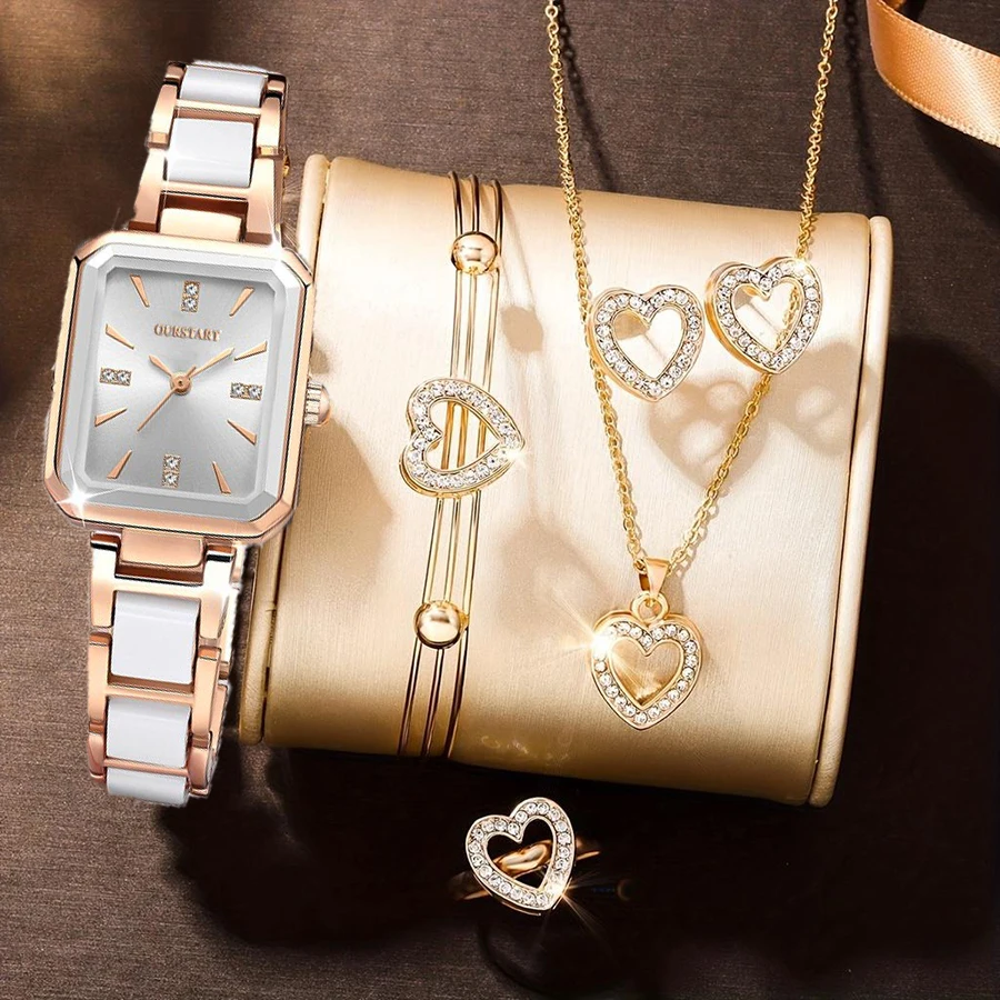 6 шт. женские наборы часов модные квадратные кварцевые водонепроницаемые часы из нержавеющей стали розовое золото