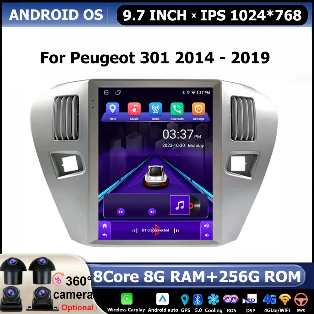 9.7 inch For Peugeot 301 2014 - 2019 Wireless Carplay Android Car Radio Navigation Video Player Multimedia 4G WIFI 4G IPS GPS