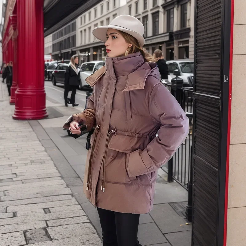 2025 Winter vrouwen Nieuwe Lange Katoenen Jas Vrouwelijke Capuchon Taille Trekkoord Parka Jassen Vrouwen Meerdere Zakken Casual Jas tops