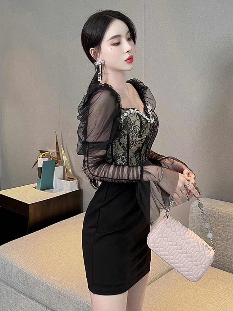 Vestidos de festa elegantes do vintage das mulheres senhora sexy luxo diamantes renda malha ver throngh manga longa vestido curto clube vestidos de baile