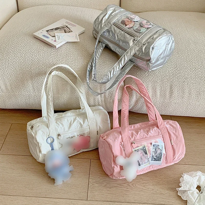 Bow Messenger Bag Student Commuter Handbag Portable Travel Storage Crossbody Tote with Transparent Insert for Doll Badge Display