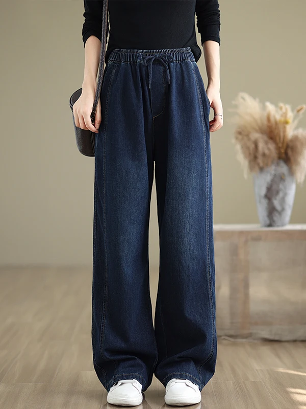 

Retro plus Size Casual Elastic Waist Denim Jeans Women's Spring New Loose Versatile Straight Leg Wide Leg Pants Slimming Long...