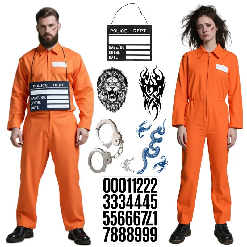 Adult Orange Prisoner Costume Halloween Role Play Jumpsuit Carnival Performance Outfit Free Tattoo Stickers Game Handcuffs Toy