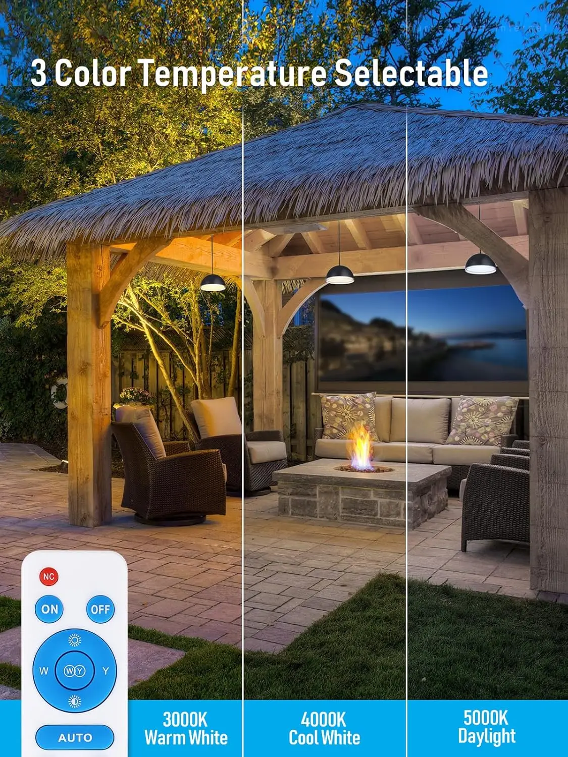 3CCT Solar Powered Pendant Light Outdoor, 50%/100% Dimmable, Dusk to Dawn, 6 Modes, Solar Hanging Lights with Remote