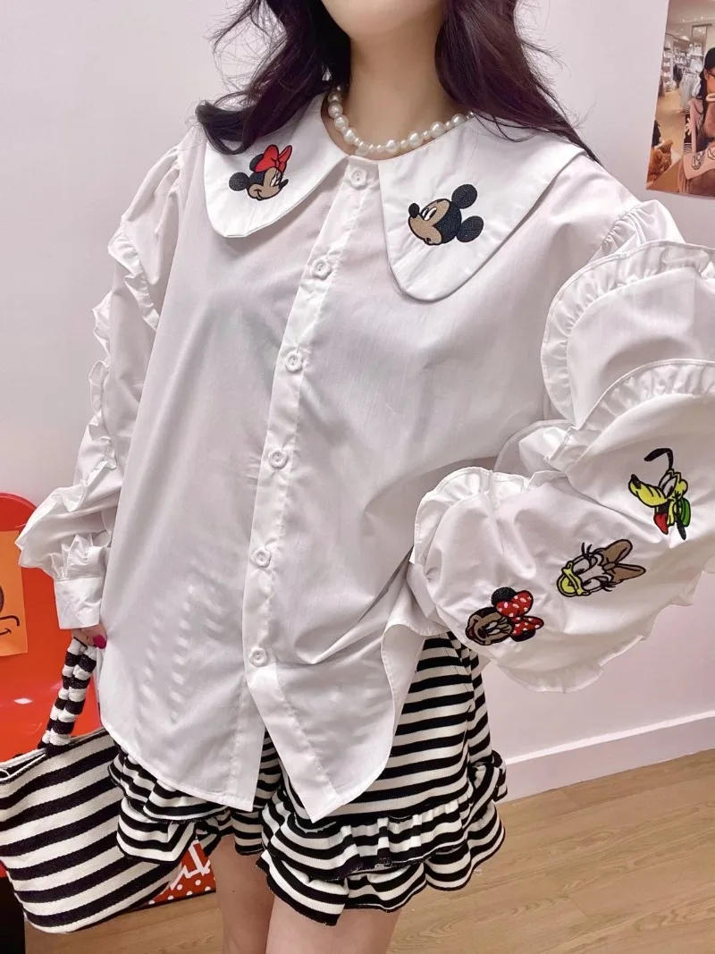 

Стиль Mori Girl, рубашка с кукольным воротником и вышивкой Микки, женская весенняя новая белая рубашка с Минни в стиле каваи, рубашки с длинными рукавами в консервативном стиле