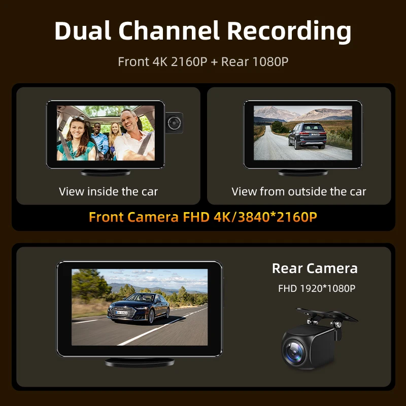 Srnubi 7 Inch 4K ADAS Dash Cam Wireless CarPlay & Android Auto 3 Channel Recording Car DVR FM GPS Time Lapse 24h Park Monitor