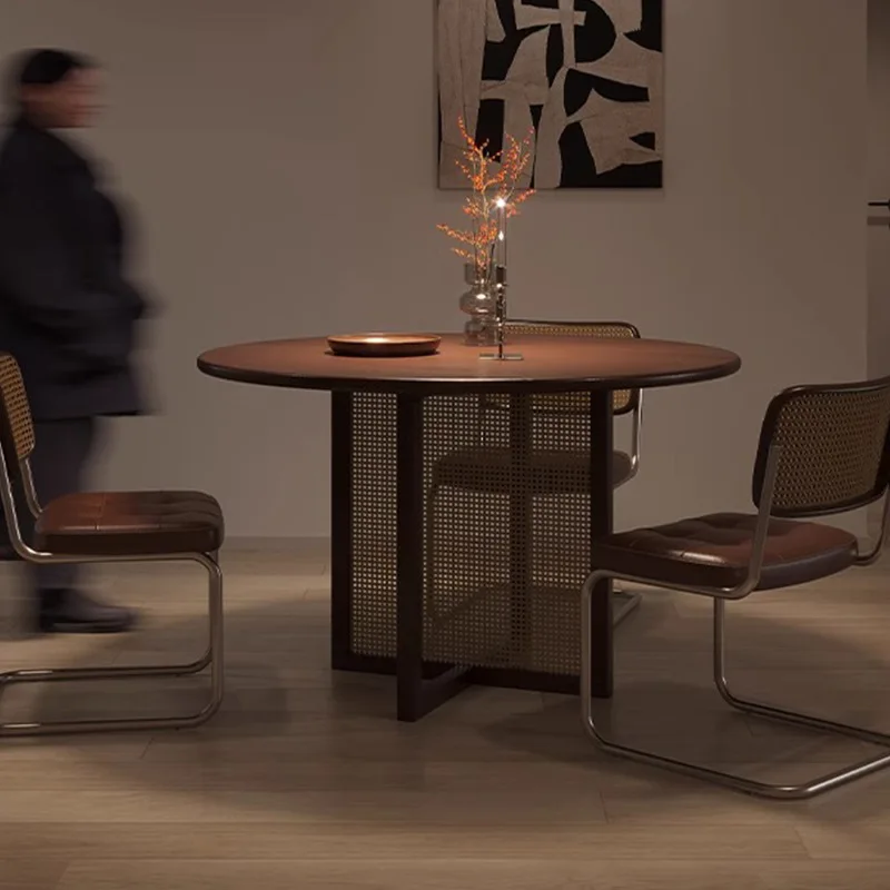

Character rattan foot round dining table black walnut solid wood round dining table small apartment household Chinese