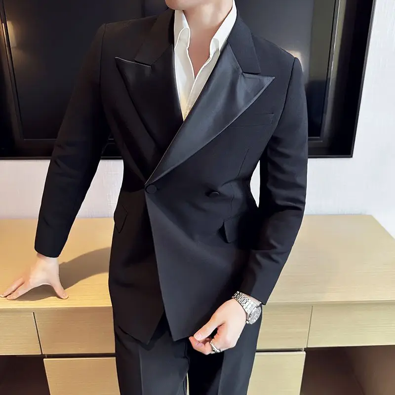 2-A94  Peaked lapel suit men's 2024 new tuxedo dress host art exam handsome patchwort jacket