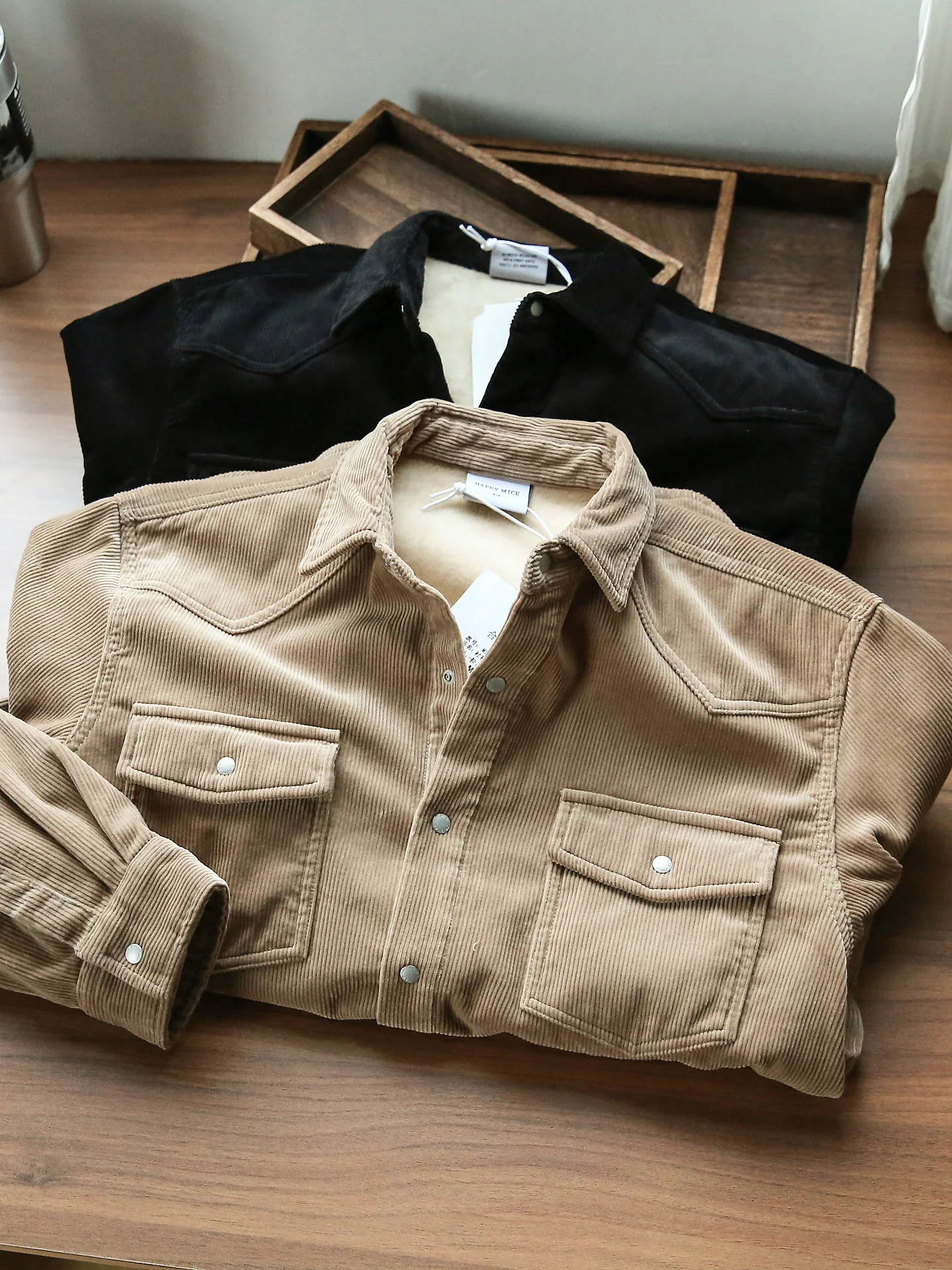 

Retro Japanese Sle Thiened Fce Lined Men's Casual Corduroy Work irt Jaet Autumn Winter New Arrival Faionable Lay...