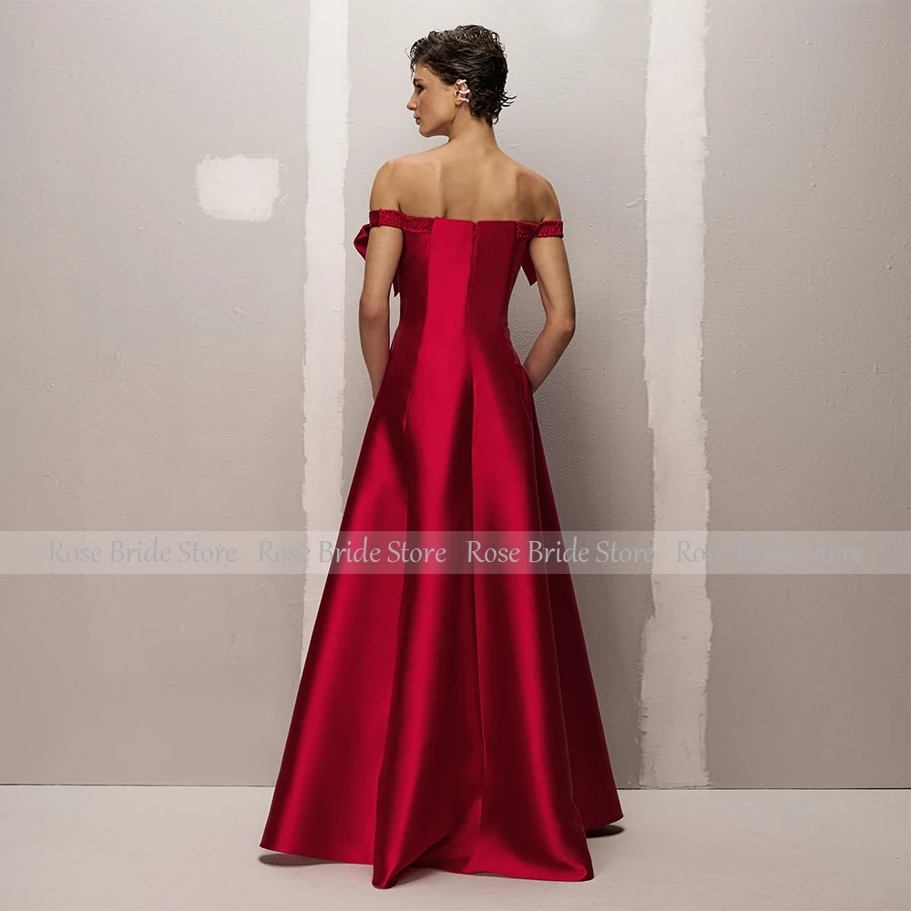 エレガントなオフショルダーサテンのAラインロングドレス、シンプルなウエストリボン付き、ポケット付きフォーマルパーティードレス、レディース2025