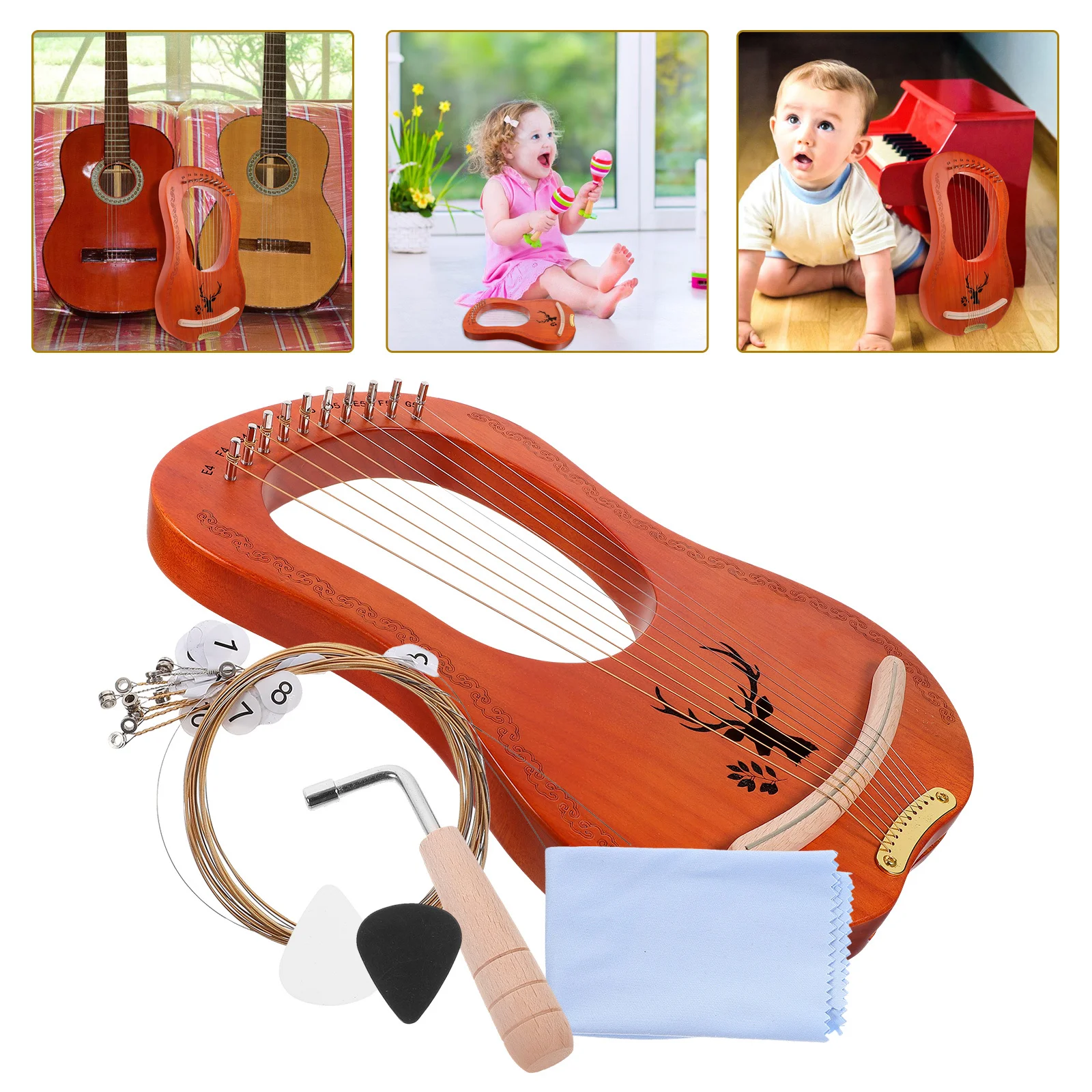 

Elk Box Piano Lyre with Tuning Wrench Instrument Kit 10-String Ancient Style Musical Practical Harp