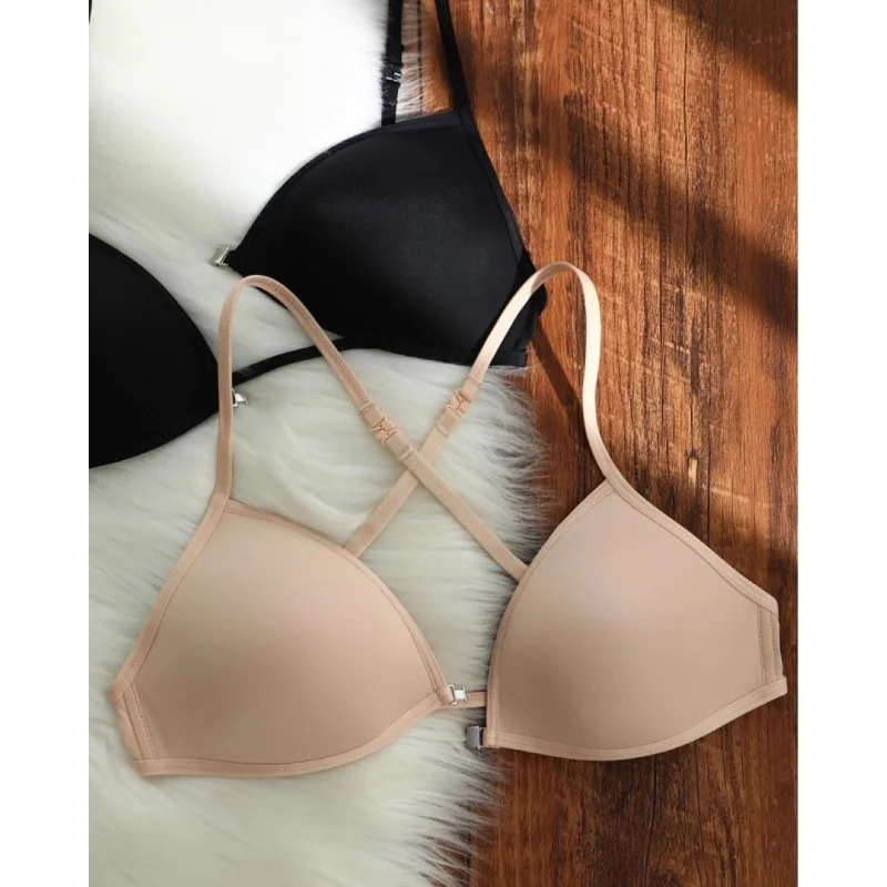 French Triangle Cup Underwear Women\'s Spaghetti Strap Beauty Back Halter Invisible Front Closure Bra Thin Section Traceless Bra