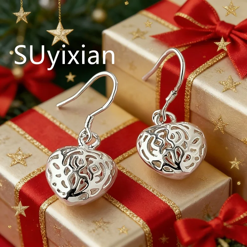 Stilvolle, schlichte Netz-Herz-Ohrringe aus 925er Sterlingsilber, Geburtstagsfeier, Jahrestag, Geschenk, Alltagskleidung
