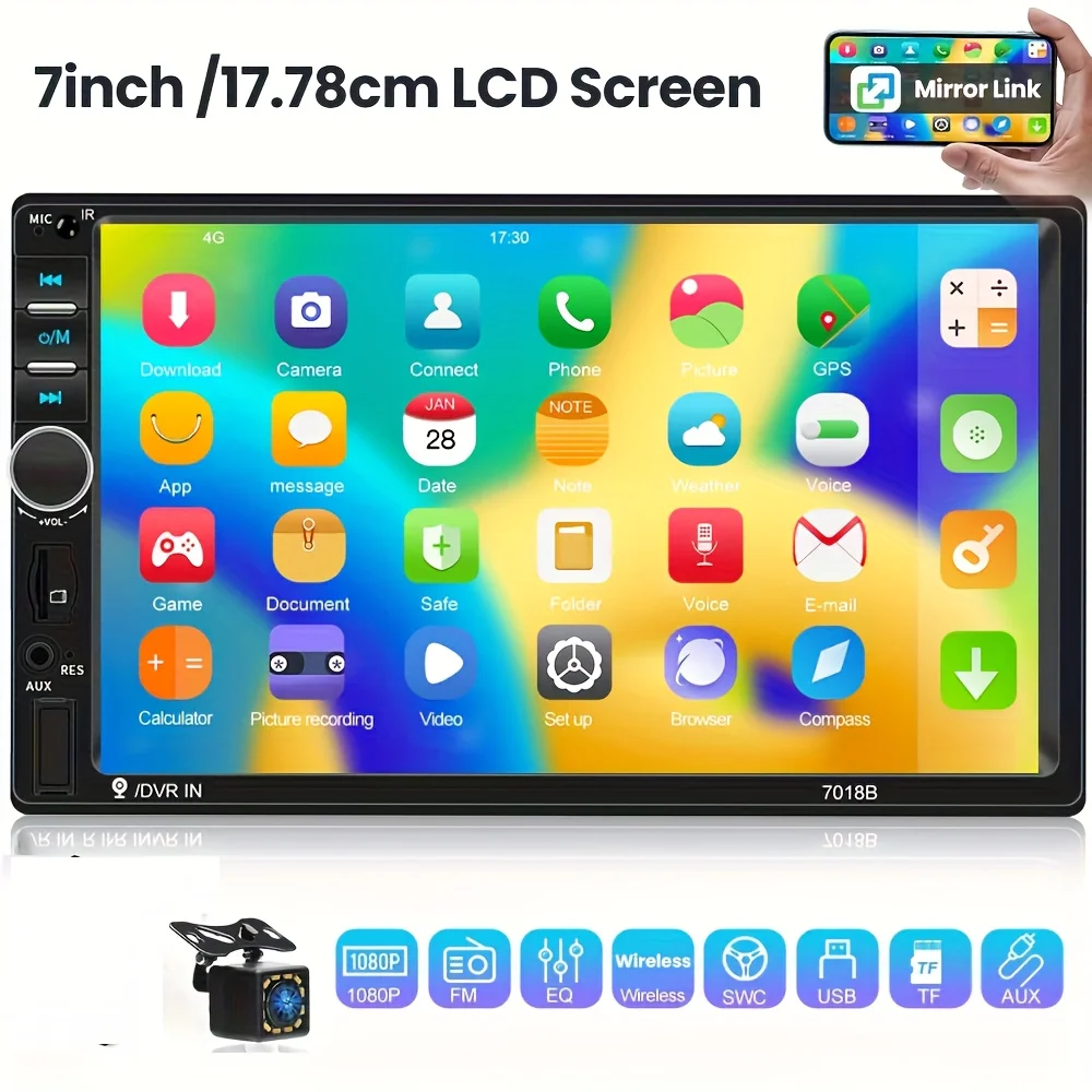 1pc Double Din EQ Car Stereo - Featuring a 7" LCD Display, Equipped with Wireless FM - MP5 Player - USB/SD/AUX Inputs