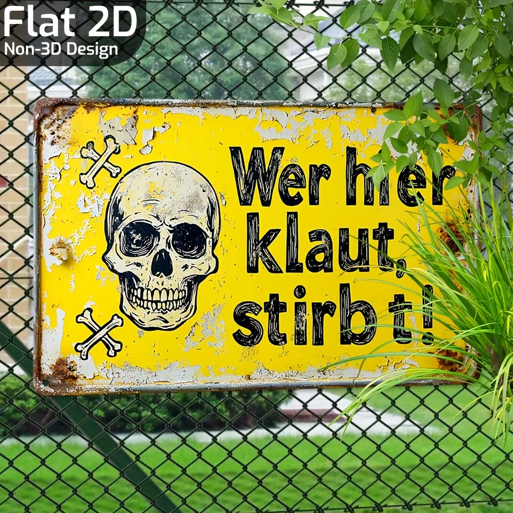 „Wer hier stehlt, stirbt“ Vintage-Eisenschild im deutschen Stil – Totenkopf-Design – 8x12 Zoll Retro-Dekoration für Garage, Bar, Café – 2D flach