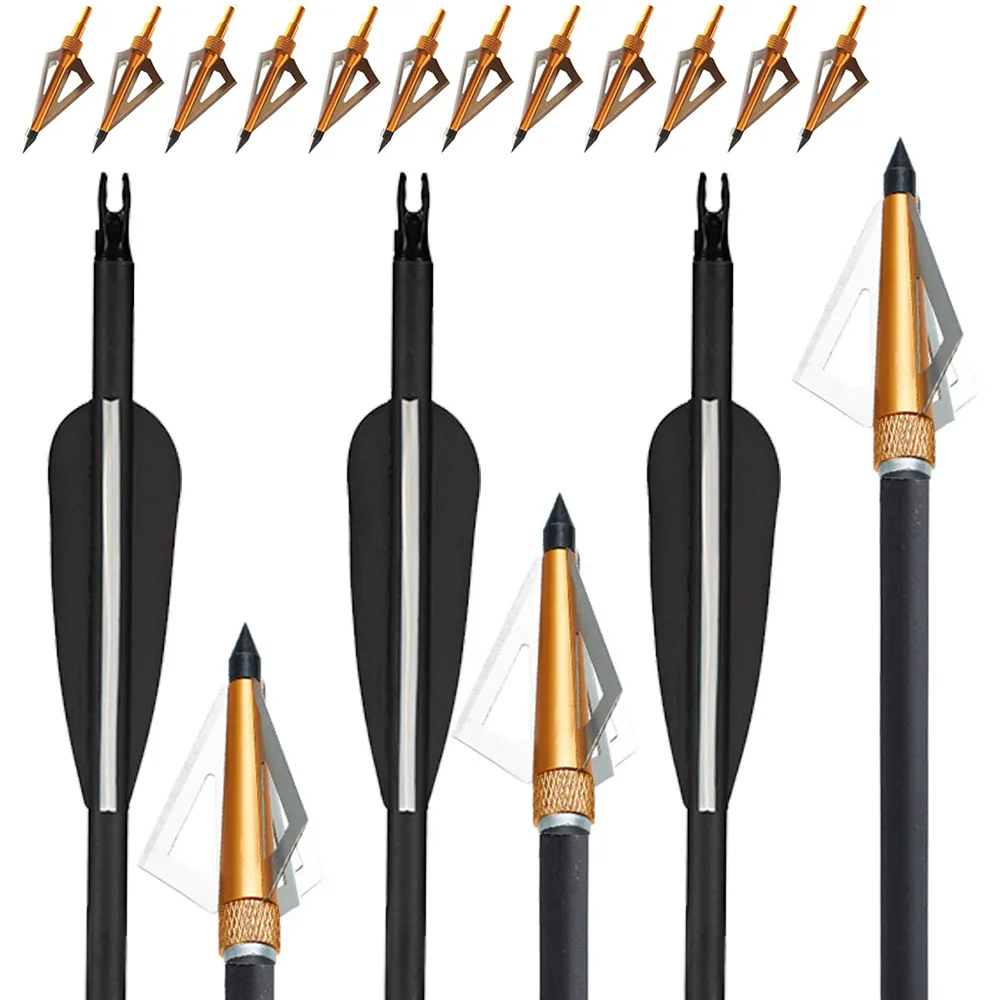 Tiro con arco 30 "flechas de carbono columna vertebral 500 con puntas anchas de caza de grano 100 puntas de flecha 3 hojas para arco recurvo/arco compuesto de caza