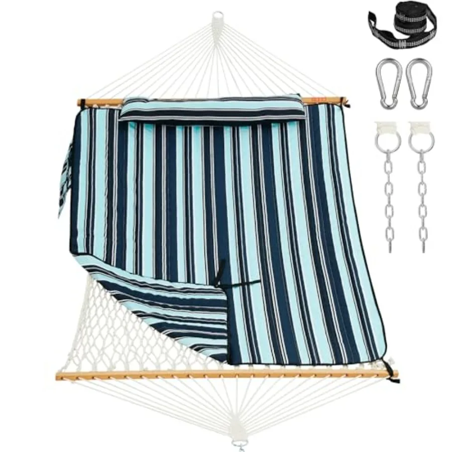 

Outdoor patio rope hammock with cushion pad, wooden spreader bar, steel carabiners, tree straps, and chains natural color, dura
