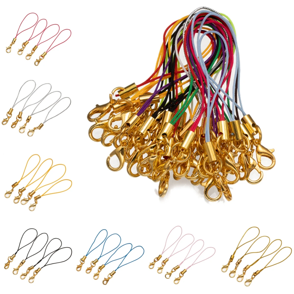 50pcs Gold/Rhodium Colorful Strap Charm Cord Lariat Lobster Clasp for DIY Keychains Keyring Cellphone Jewelry Making Accessories