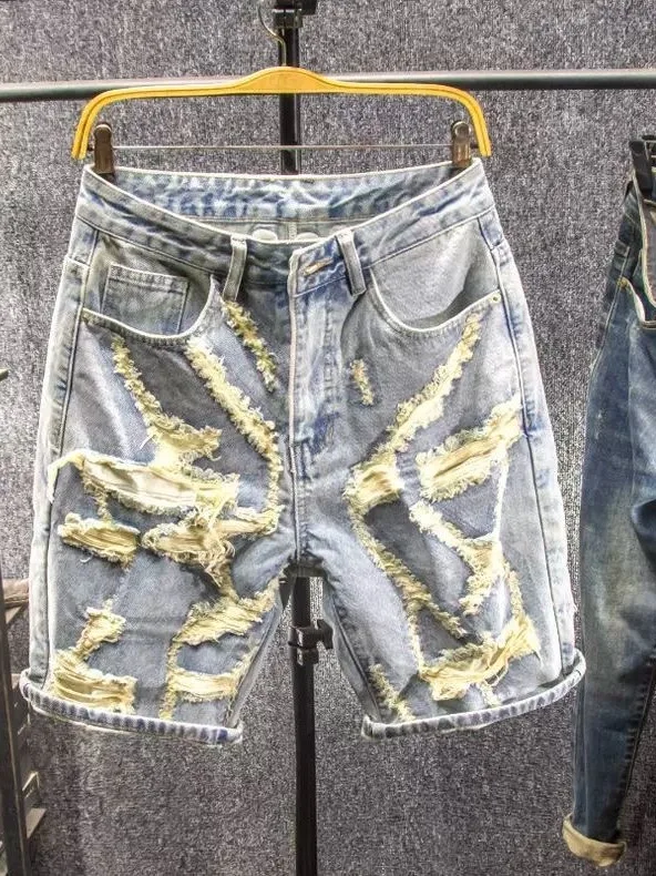 American High Street Style Men's Short Jeans Summer Wear Faded Hole Repair Program Straight Leg mid Waist Zipper Fly Casual J...