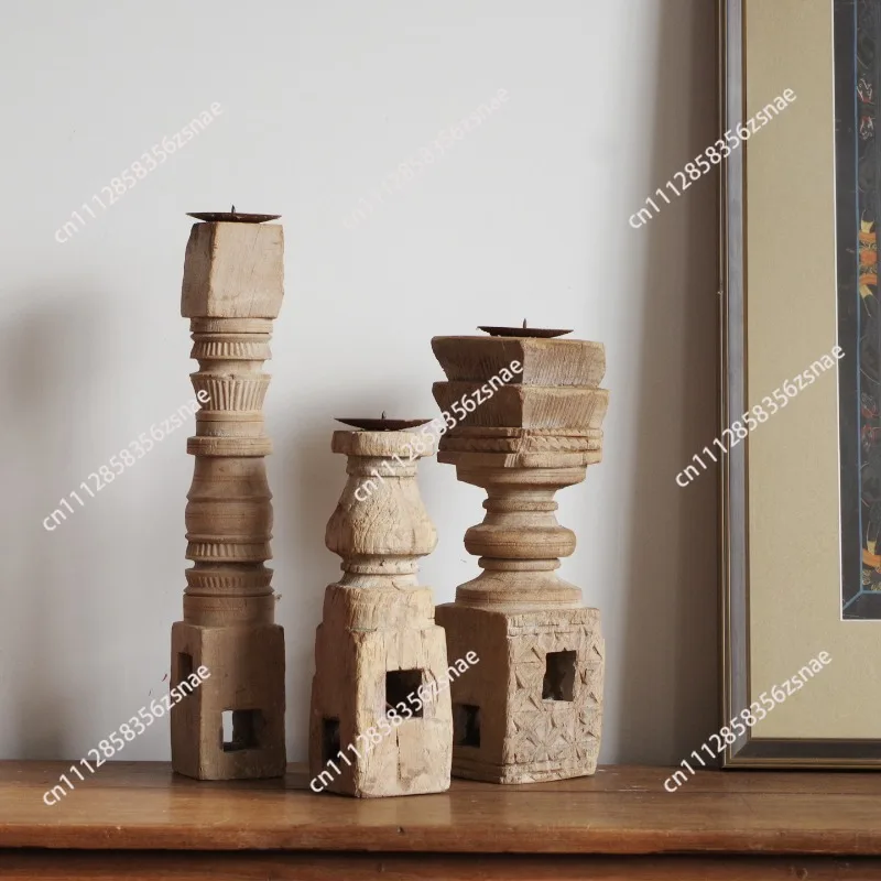 Medieval orphan decorative ornament solid wood wabi wind wood carving candlestick living room bedroom gift collection