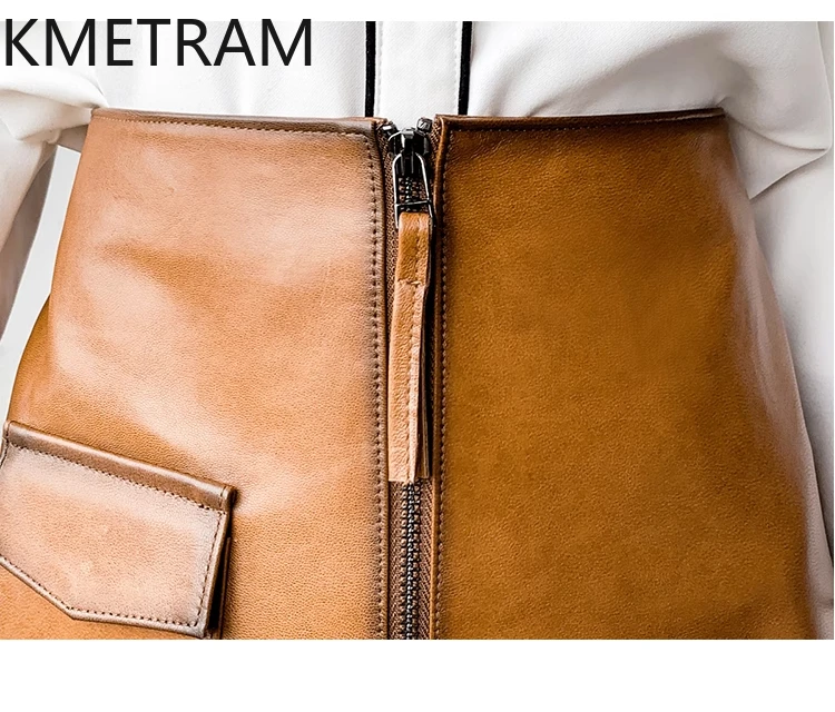 KMETRAM 100% تنانير نسائية من جلد الغنم بطبقة علوية لخريف 2025 تنورة صفراء من الشمع الزيتي تنورة قصيرة من الجلد الطبيعي ملابس نسائية يجيبكا #4