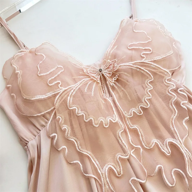 Fairy Princess Style Robe Set Elegant Nightgown Spaghetti Strap Female Stain Sleepwear Mesh Kimono Bathrobe Butterfly Nightdress