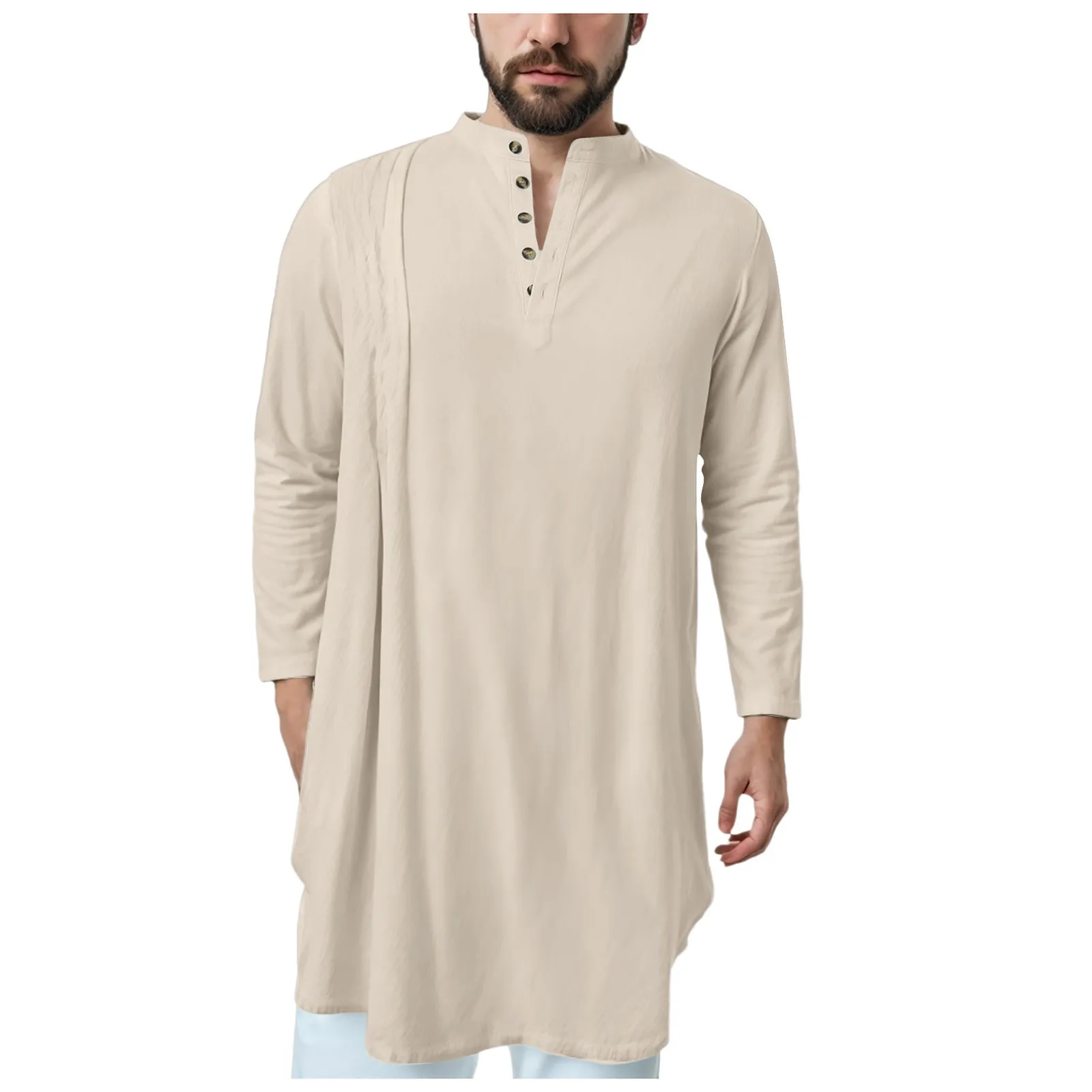 Men's Muslim Robes Kaftan Thobe Button Down Cotton Linen Shirts Man Islamic Clothes Arabian Muslim Prayer Robe Moroccan Jilbab