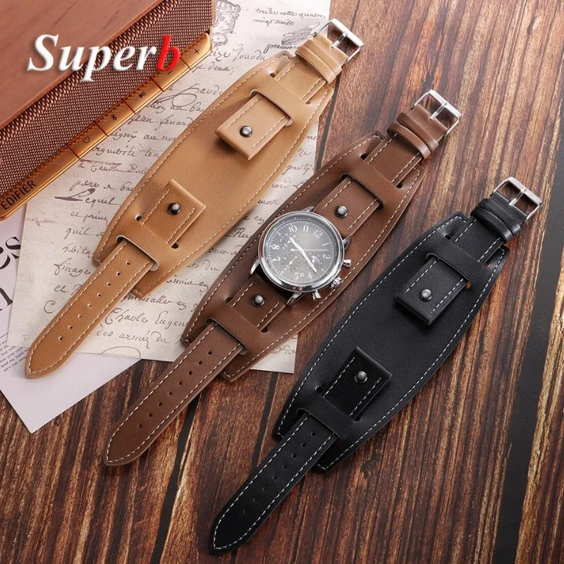 Vintage Leather Watchband 20mm 22mm 24mm Black Brown Pallet Leather Watch Strap Men Bracelets Watch accessories ﻿