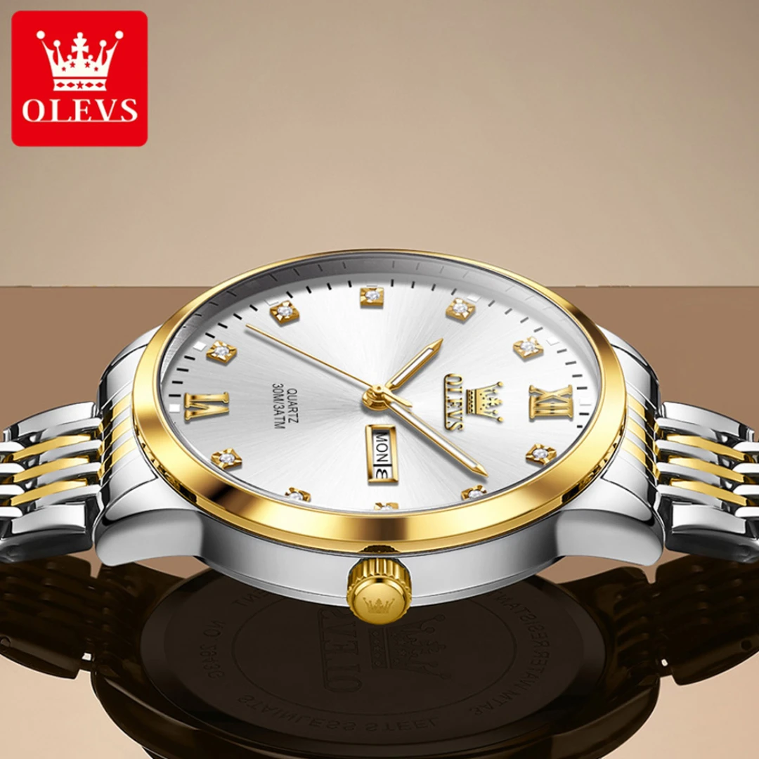 OLEVS 2943 Fashion Quartz Watch Gift Stainless Steel Watchband Round-dial Wristwatch Week Display Calendar