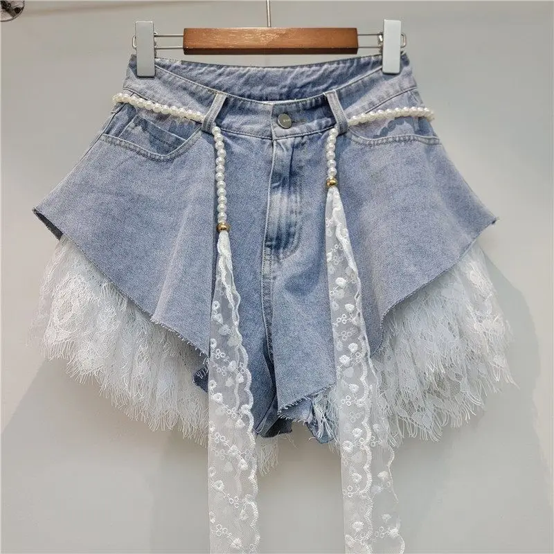 2026 Luxurious Lace Beading Tassel Denim Shorts Women Summer High-waist Loose Shorts Girls Korean Style Sexy Sweet Denim Shorts