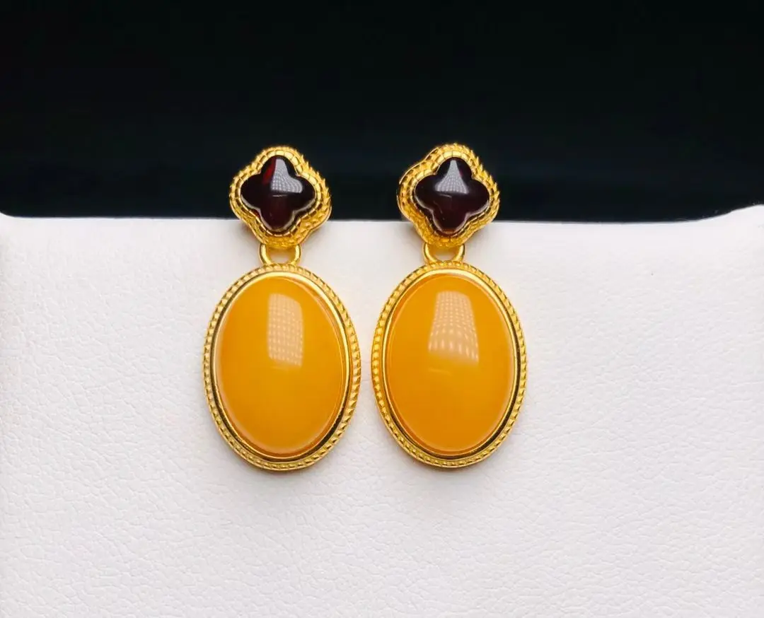 

Certificate 925 Silver Natural Baltic Oval Yellow Amber Ear Stud Real Red Amber Clover Drop Dangle Earring Precious Jewelry Gift