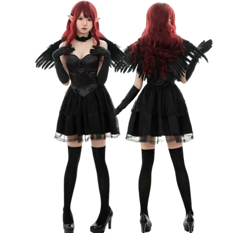 Anjo escuro halloween anime cosplay trajes gótico lolita punk vestido animação mostrar feminino fantasma noiva role play demônio traje