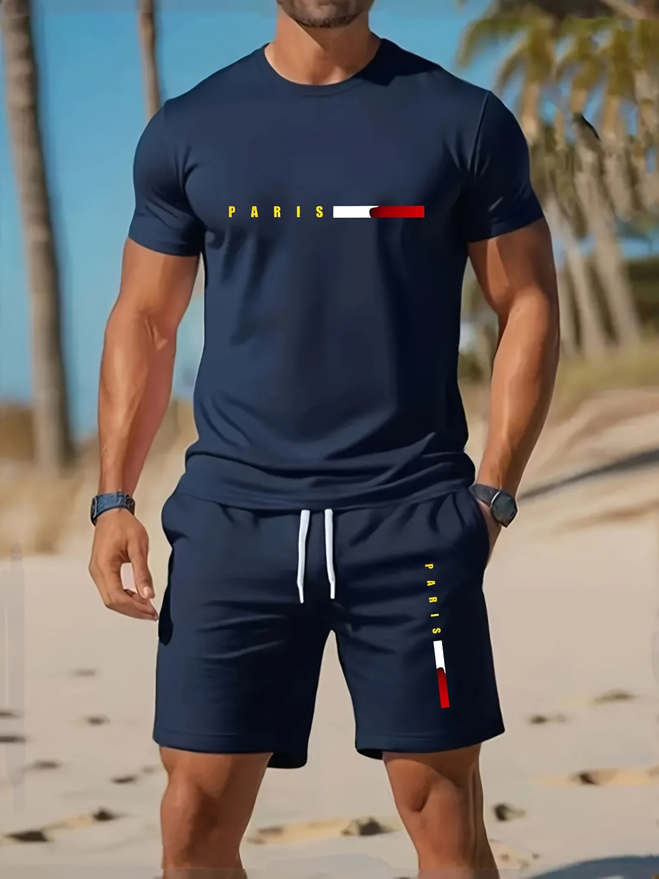 Quick Dry Mesh Men Casual Tracksuit PARIS Strip Print O Neck T-shirt Drawstring Loose Shorts 2pcs Athletic Training Outfit