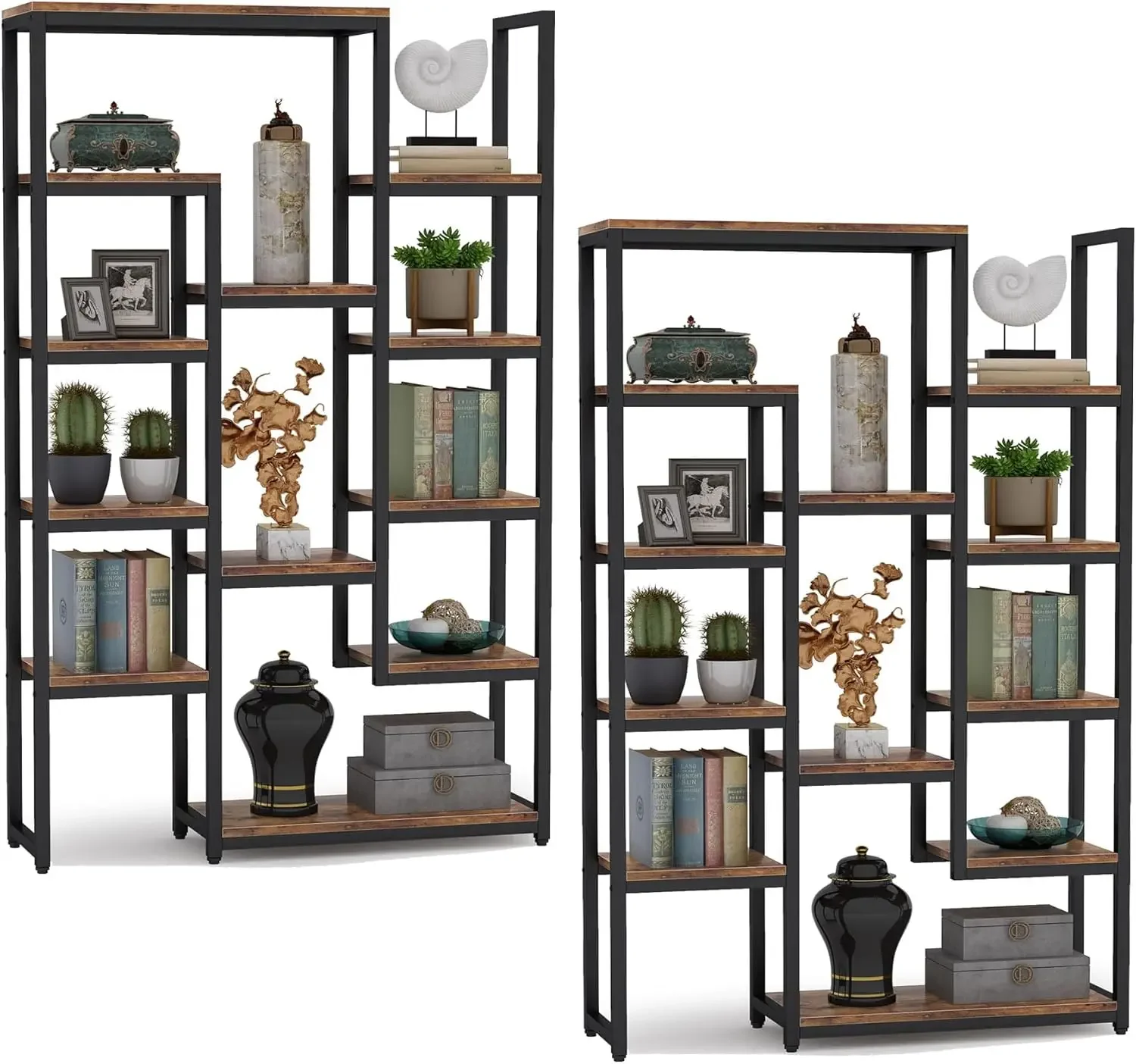 6-Tier Bookshelf 70.9 inch Tall Bookcase 2 Pack, Vintage Industrial 12-Shelf Display Shelves Book Storage Organizer