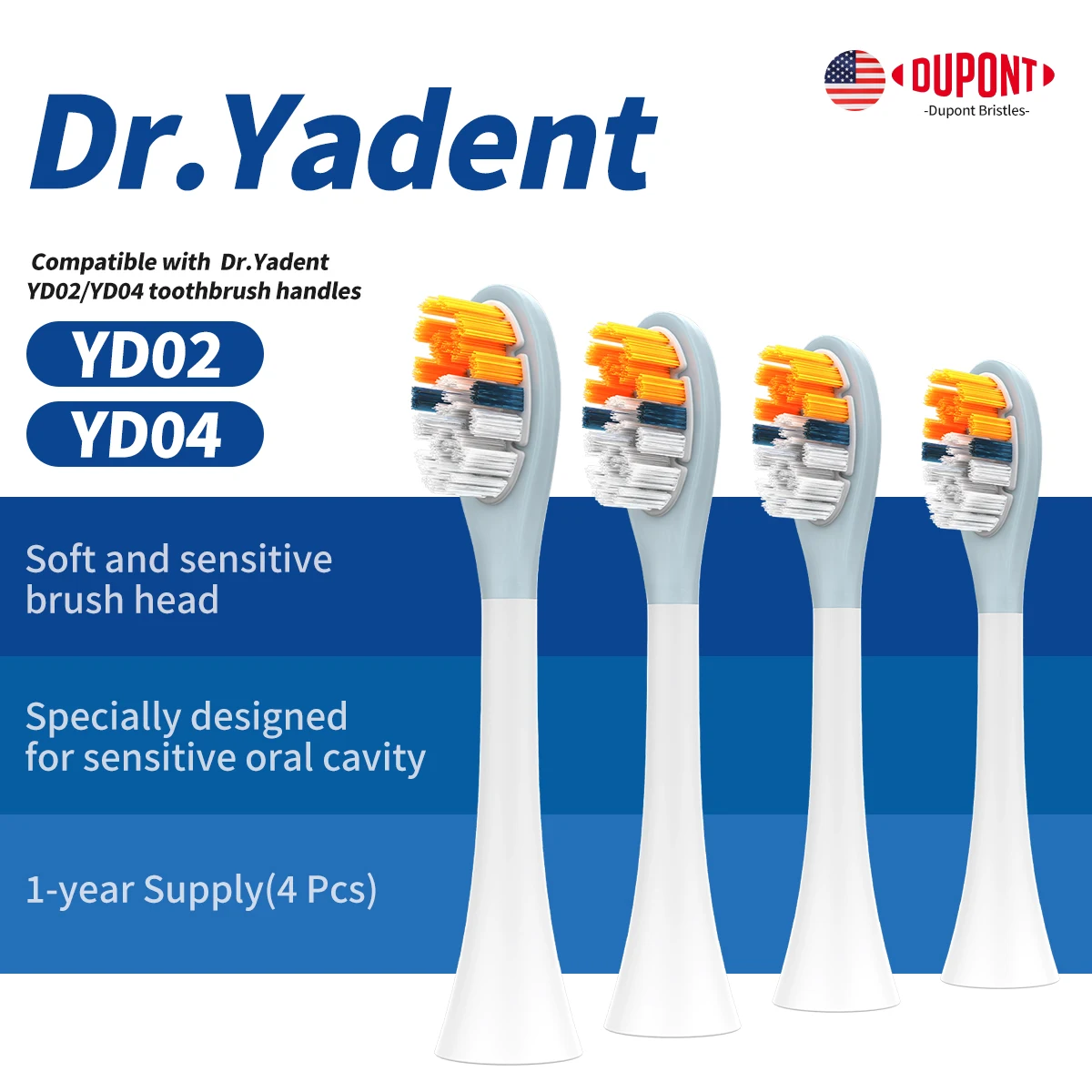 

Dr.Yadent YD02/04 Сменные насадки для кистей, 4 шт./упак., мягкий гель с покрытием, предназначенный для ухода за чувствительными деснами, мягкая щетина, поставка на 1 год