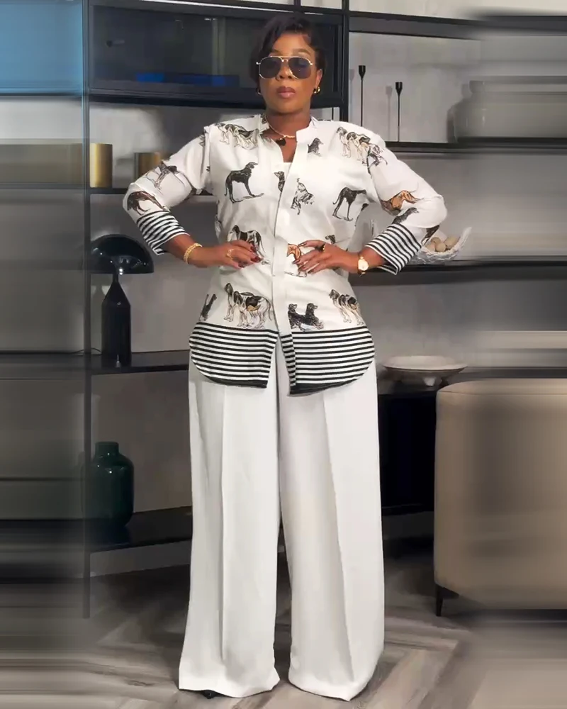 Fashion Women New Two Piece Sets Elegant Summer Floral Print Lapel Single Breasted Tops Wide Leg Pants Outfits Casual Streetwear